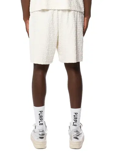 Purple Brand Men's Embossed Logo Terry-Towel Shorts - Off White | Thumbnail 2 Purple Brand Men's Embossed Logo Terry-Towel Shorts - Off White | Thumbnail 2