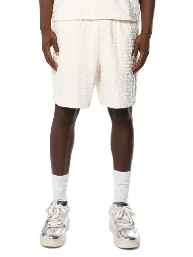 Purple Brand Men's Embossed Logo Terry-Towel Shorts - Off White | Thumbnail 1 Purple Brand Men's Embossed Logo Terry-Towel Shorts - Off White | Thumbnail 1