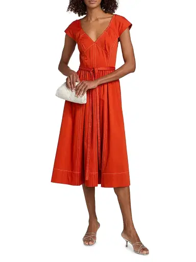 Jason Wu Collection Women's Contast-Stitch Cotton Belted Midi-Dress - Dark Apricot - Size 14 | Thumbnail 2 Jason Wu Collection Women's Contast-Stitch Cotton Belted Midi-Dress - Dark Apricot - Size 14 | Thumbnail 2