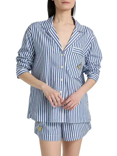 TANYA TAYLOR Women's Noa Lemon Pocket Striped Button-Front Shirt - Optic White French Blue | Thumbnail 3 TANYA TAYLOR Women's Noa Lemon Pocket Striped Button-Front Shirt - Optic White French Blue | Thumbnail 3