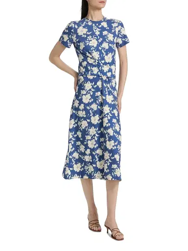 Tanya Taylor Women's Mac Floral Gathered Midi-Dress - French Blue Cream Multi | Thumbnail 2 Tanya Taylor Women's Mac Floral Gathered Midi-Dress - French Blue Cream Multi | Thumbnail 2