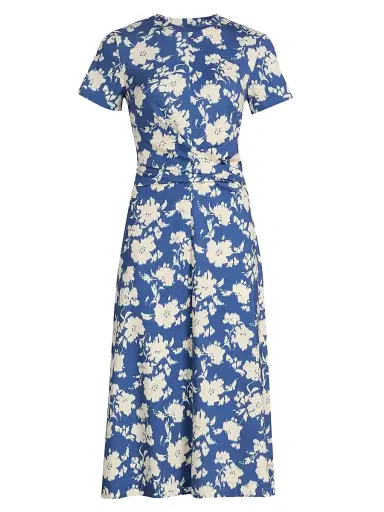 Tanya Taylor Women's Mac Floral Gathered Midi-Dress - French Blue Cream Multi | Thumbnail 1 Tanya Taylor Women's Mac Floral Gathered Midi-Dress - French Blue Cream Multi | Thumbnail 1