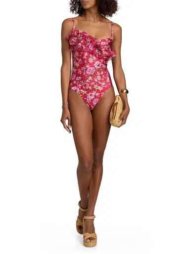 PatBO Women's Peony Print Ruffled Swimsuit - Red | Thumbnail 2 PatBO Women's Peony Print Ruffled Swimsuit - Red | Thumbnail 2