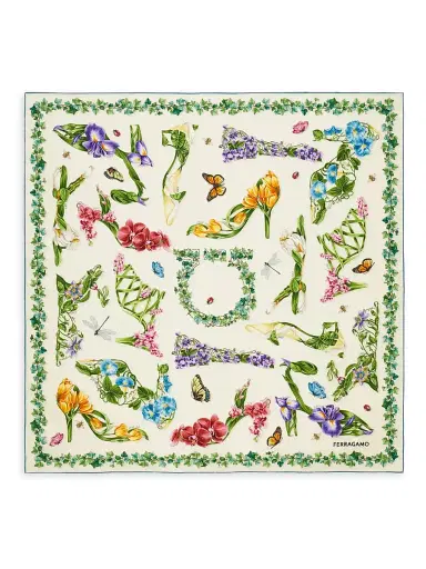 Ferragamo Women's Eden Shoe-Print Silk Foulard - Avorio Azzurro | Thumbnail 1 Ferragamo Women's Eden Shoe-Print Silk Foulard - Avorio Azzurro | Thumbnail 1