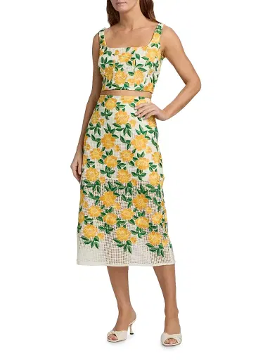 Milly Women's Marta Floral-Embroidered Midi-Skirt - Yellow Green | Thumbnail 2 Milly Women's Marta Floral-Embroidered Midi-Skirt - Yellow Green | Thumbnail 2