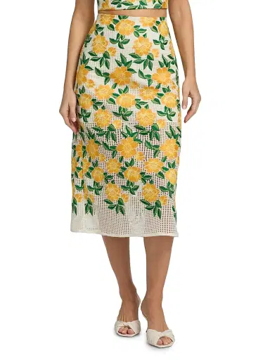 Milly Women's Marta Floral-Embroidered Midi-Skirt - Yellow Green | Thumbnail 3 Milly Women's Marta Floral-Embroidered Midi-Skirt - Yellow Green | Thumbnail 3