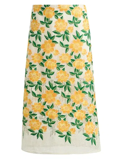 Milly Women's Marta Floral-Embroidered Midi-Skirt - Yellow Green | Thumbnail 1 Milly Women's Marta Floral-Embroidered Midi-Skirt - Yellow Green | Thumbnail 1