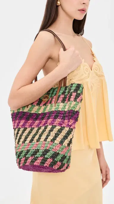 Veronica Beard Striped Raffia Tote Bag Berry Multi One Size | Thumbnail 3 Veronica Beard Striped Raffia Tote Bag Berry Multi One Size | Thumbnail 3