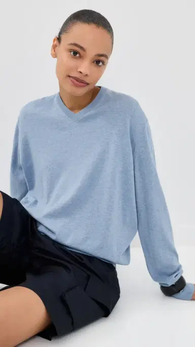 Tibi Super Fine Gauge Perfect V Neck Pullover Blue elange | Thumbnail 2 Tibi Super Fine Gauge Perfect V Neck Pullover Blue elange | Thumbnail 2