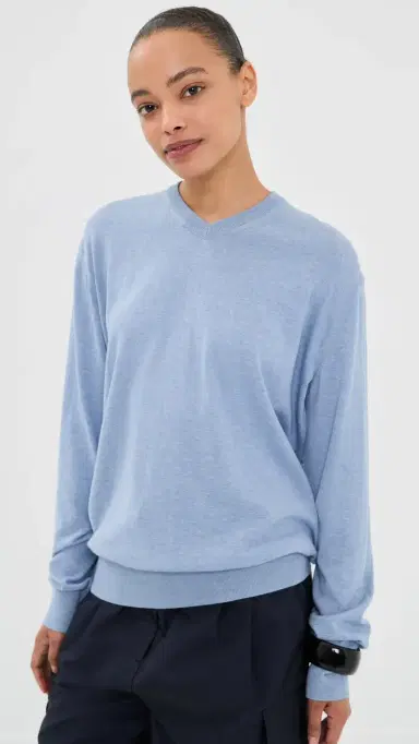 Tibi Super Fine Gauge Perfect V Neck Pullover Blue elange | Thumbnail 3 Tibi Super Fine Gauge Perfect V Neck Pullover Blue elange | Thumbnail 3