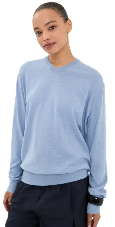Tibi Super Fine Gauge Perfect V Neck Pullover Blue elange | Thumbnail 1 Tibi Super Fine Gauge Perfect V Neck Pullover Blue elange | Thumbnail 1