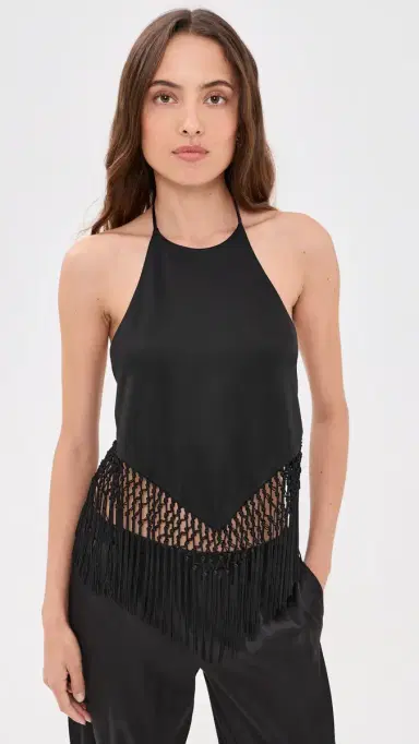 ALICE + OLIVIA Greta Halter Tie Back Handkerchief Top Black | Thumbnail 2 ALICE + OLIVIA Greta Halter Tie Back Handkerchief Top Black | Thumbnail 2