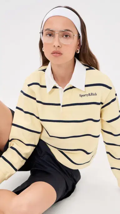Sporty & Rich Serif ogo Rugby Polo Top Almond/Navy | Thumbnail 2 Sporty & Rich Serif ogo Rugby Polo Top Almond/Navy | Thumbnail 2