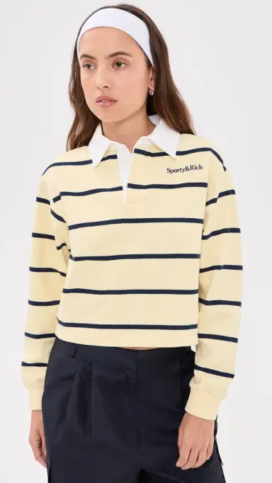 Sporty & Rich Serif ogo Rugby Polo Top Almond/Navy | Thumbnail 3 Sporty & Rich Serif ogo Rugby Polo Top Almond/Navy | Thumbnail 3