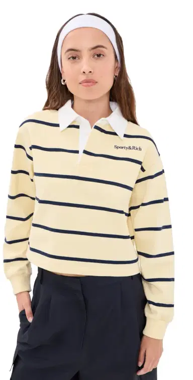 Sporty & Rich Serif ogo Rugby Polo Top Almond/Navy | Thumbnail 1 Sporty & Rich Serif ogo Rugby Polo Top Almond/Navy | Thumbnail 1