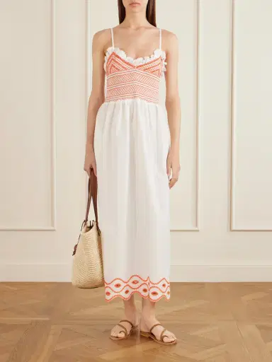 Loretta Caponi Bianca Ruffled Emrboidered Shirred Cotton-poplin Midi Dress | Thumbnail 2 Loretta Caponi Bianca Ruffled Emrboidered Shirred Cotton-poplin Midi Dress | Thumbnail 2
