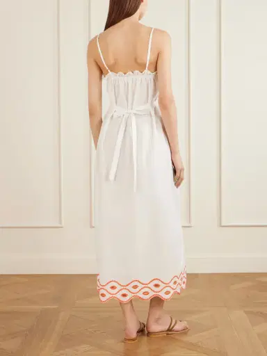 Loretta Caponi Bianca Ruffled Emrboidered Shirred Cotton-poplin Midi Dress | Thumbnail 3 Loretta Caponi Bianca Ruffled Emrboidered Shirred Cotton-poplin Midi Dress | Thumbnail 3