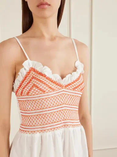 Loretta Caponi Bianca Ruffled Emrboidered Shirred Cotton-poplin Midi Dress | Thumbnail 4 Loretta Caponi Bianca Ruffled Emrboidered Shirred Cotton-poplin Midi Dress | Thumbnail 4