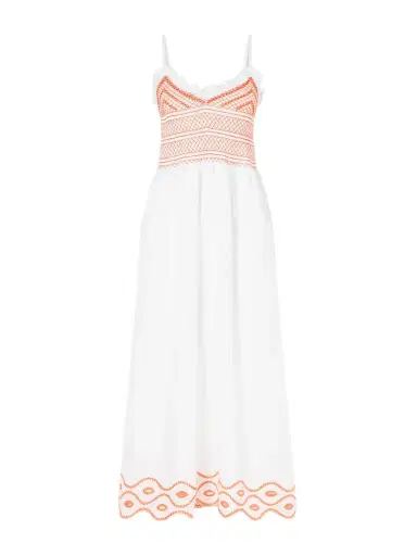 Loretta Caponi Bianca Ruffled Emrboidered Shirred Cotton-poplin Midi Dress | Thumbnail 1 Loretta Caponi Bianca Ruffled Emrboidered Shirred Cotton-poplin Midi Dress | Thumbnail 1