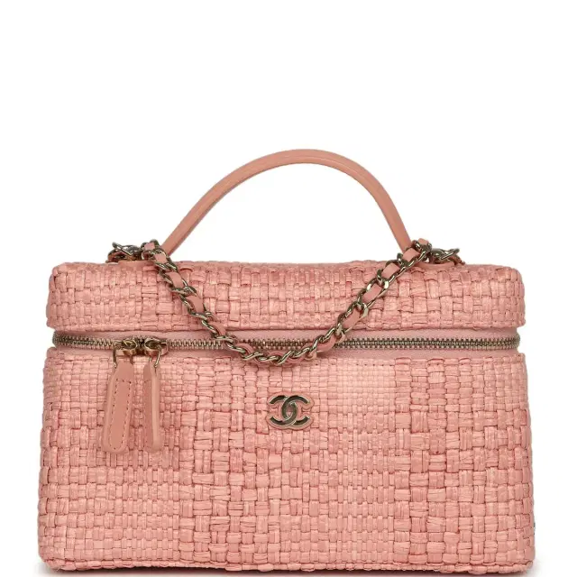 Chanel Top Handle Long Vanity Case with Chain Light Pink Braided Raffia Light Gold Hardware Chanel Top Handle Long Vanity Case with Chain Light Pink Braided Raffia Light Gold Hardware