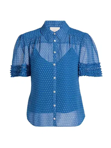 Cinq à Sept Women's Galea Polka Dot Ruffled Blouse - Twilight Bay | Thumbnail 1 Cinq à Sept Women's Galea Polka Dot Ruffled Blouse - Twilight Bay | Thumbnail 1