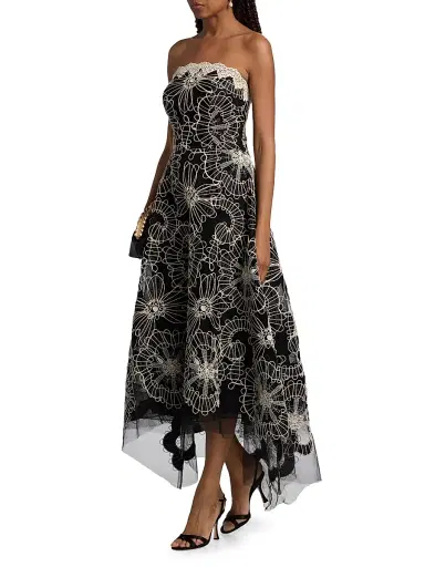 Teri Jon by Rickie Freeman Women's Embroidered High-Low Tea-Length Dress - Black Ivory - Size 14 | Thumbnail 2 Teri Jon by Rickie Freeman Women's Embroidered High-Low Tea-Length Dress - Black Ivory - Size 14 | Thumbnail 2