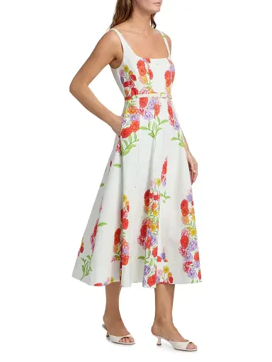 Milly Women's Nia Floral Squareneck Midi-Dress - White Multi | Thumbnail 2 Milly Women's Nia Floral Squareneck Midi-Dress - White Multi | Thumbnail 2