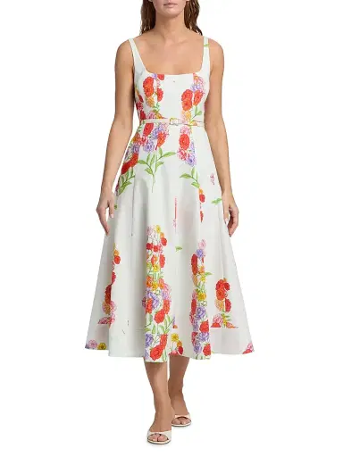 Milly Women's Nia Floral Squareneck Midi-Dress - White Multi | Thumbnail 3 Milly Women's Nia Floral Squareneck Midi-Dress - White Multi | Thumbnail 3