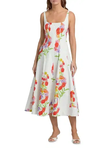 Milly Women's Nia Floral Squareneck Midi-Dress - White Multi | Thumbnail 6 Milly Women's Nia Floral Squareneck Midi-Dress - White Multi | Thumbnail 6