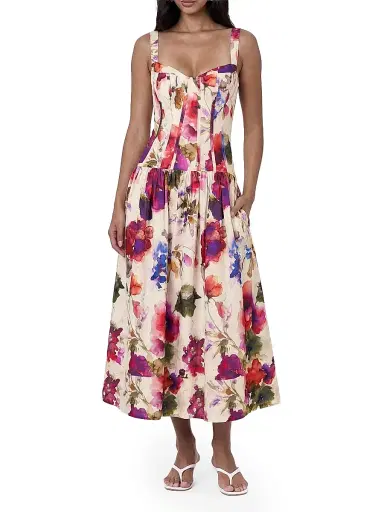 NICHOLAS Women's Makenna Floral Linen-Blend Midi-Dress - Watercolor Floral | Thumbnail 3 NICHOLAS Women's Makenna Floral Linen-Blend Midi-Dress - Watercolor Floral | Thumbnail 3