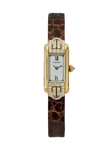 Stephanie Windsor + Cartier Tank 2000s Allongeé 34mm 18-karat Gold, Diamond And Leather Watch, Ref. No. 1361 | Thumbnail 1 Stephanie Windsor + Cartier Tank 2000s Allongeé 34mm 18-karat Gold, Diamond And Leather Watch, Ref. No. 1361 | Thumbnail 1