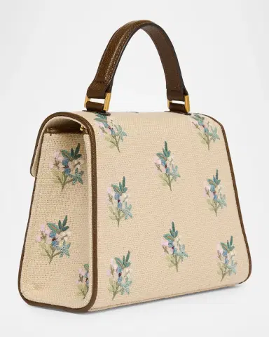 Valentino Garavani Small Floral-Embroidered Woven Flax Top-Handle Bag | Thumbnail 2 Valentino Garavani Small Floral-Embroidered Woven Flax Top-Handle Bag | Thumbnail 2