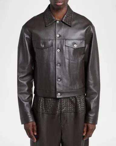 Bottega Veneta Men's Intrecciato-Collar Leather Jacket | Thumbnail 4 Bottega Veneta Men's Intrecciato-Collar Leather Jacket | Thumbnail 4