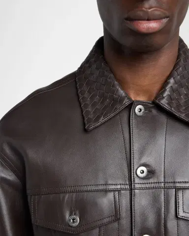 Bottega Veneta Men's Intrecciato-Collar Leather Jacket | Thumbnail 5 Bottega Veneta Men's Intrecciato-Collar Leather Jacket | Thumbnail 5