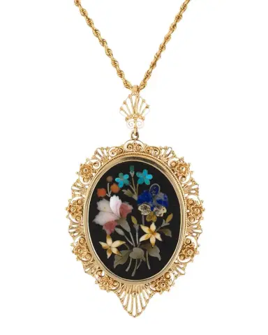 NM Estate Estate 14K Yellow Gold Floral Mosaic Pin Pendant Necklace | Thumbnail 1 NM Estate Estate 14K Yellow Gold Floral Mosaic Pin Pendant Necklace | Thumbnail 1