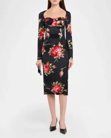 Dolce & Gabbana Rose-Print Satin Long-Sleeve Midi Dress | Thumbnail 2 Dolce & Gabbana Rose-Print Satin Long-Sleeve Midi Dress | Thumbnail 2
