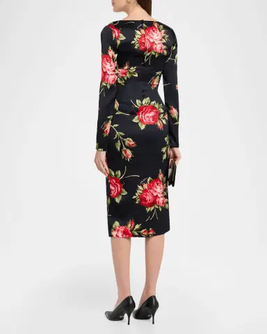 Dolce & Gabbana Rose-Print Satin Long-Sleeve Midi Dress | Thumbnail 3 Dolce & Gabbana Rose-Print Satin Long-Sleeve Midi Dress | Thumbnail 3