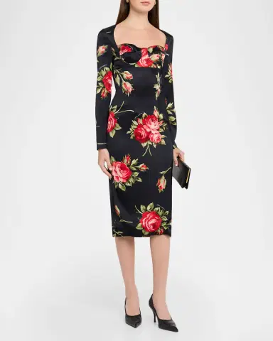 Dolce & Gabbana Rose-Print Satin Long-Sleeve Midi Dress | Thumbnail 4 Dolce & Gabbana Rose-Print Satin Long-Sleeve Midi Dress | Thumbnail 4