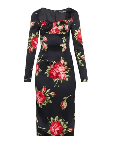 Dolce & Gabbana Rose-Print Satin Long-Sleeve Midi Dress | Thumbnail 1 Dolce & Gabbana Rose-Print Satin Long-Sleeve Midi Dress | Thumbnail 1