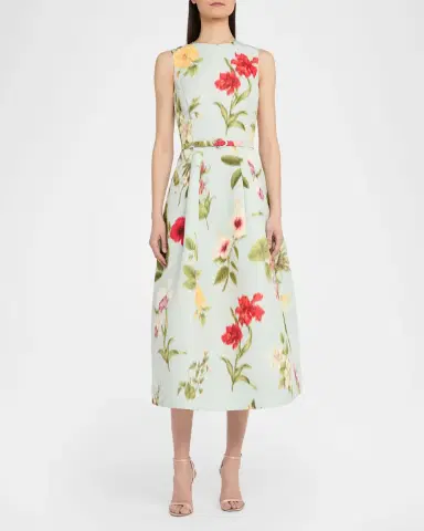 Oscar de la Renta Chine Multi Floral-Print Belted Midi Dress | Thumbnail 2 Oscar de la Renta Chine Multi Floral-Print Belted Midi Dress | Thumbnail 2