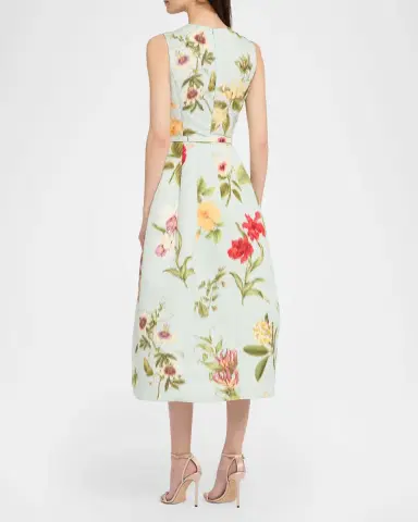 Oscar de la Renta Chine Multi Floral-Print Belted Midi Dress | Thumbnail 3 Oscar de la Renta Chine Multi Floral-Print Belted Midi Dress | Thumbnail 3