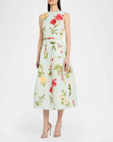 Oscar de la Renta Chine Multi Floral-Print Belted Midi Dress | Thumbnail 4 Oscar de la Renta Chine Multi Floral-Print Belted Midi Dress | Thumbnail 4
