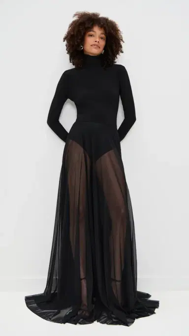 Norma Kamali Long Sleeve Turtleneck Flared Gown Black | Thumbnail 2 Norma Kamali Long Sleeve Turtleneck Flared Gown Black | Thumbnail 2