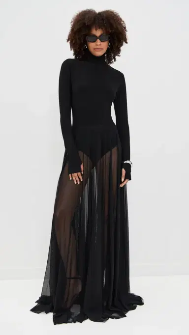 Norma Kamali Long Sleeve Turtleneck Flared Gown Black | Thumbnail 5 Norma Kamali Long Sleeve Turtleneck Flared Gown Black | Thumbnail 5
