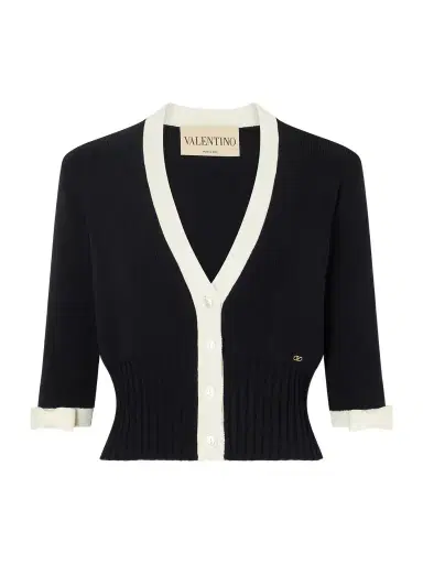 Valentino Garavani Cropped Bow-embellished Two-tone Ribbed-knit Cotton Cardigan | Thumbnail 1 Valentino Garavani Cropped Bow-embellished Two-tone Ribbed-knit Cotton Cardigan | Thumbnail 1