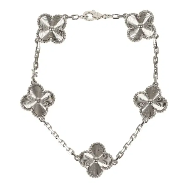 Pre-owned Van Cleef & Arpels Vintage Alhambra 5 Motif Bracelet Guilloché 18K White Gold Pre-owned Van Cleef & Arpels Vintage Alhambra 5 Motif Bracelet Guilloché 18K White Gold