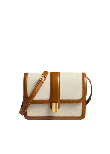 Khaite Blake Crossbody Bag In Dark Honey Leather With Natural Canvas | Thumbnail 1 Khaite Blake Crossbody Bag In Dark Honey Leather With Natural Canvas | Thumbnail 1