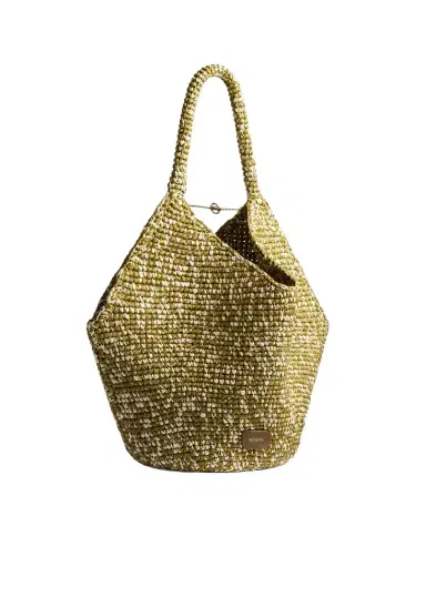 Khaite Medium Lotus Tote In Olive And White Raffia | Thumbnail 1 Khaite Medium Lotus Tote In Olive And White Raffia | Thumbnail 1
