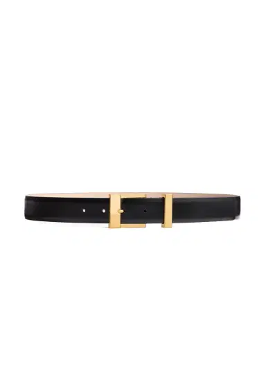 Khaite Medium Manhattan Belt In Black Leather With Gold | Thumbnail 1 Khaite Medium Manhattan Belt In Black Leather With Gold | Thumbnail 1