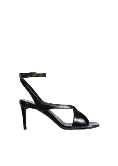 Khaite Liria Ankle Strap Sandal In Black Glazed Leather | Thumbnail 1 Khaite Liria Ankle Strap Sandal In Black Glazed Leather | Thumbnail 1